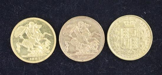 Three Victoria gold sovereigns,